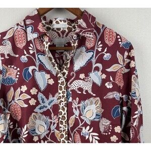 Chico's Women Leopard Trim Floral Animal Print Shirt Burgundy Sz 0 S/4 L/S